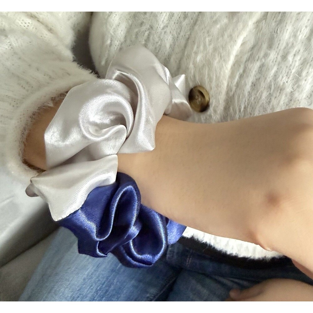 Luxury Blue/ Silver Satin Scrunchie Handmade – Hair Accessory - Picture 9 of 16